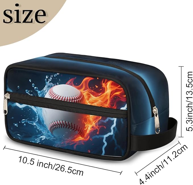 Abstract Fire Water Baseball Kids Toiletry Bag for Boys Girls, Cosmetic Makeup Bag with Handle, Travel Shaving Kit Organizer, Waterproof Portable Wash Bag for Gym Vacation Camping Sports