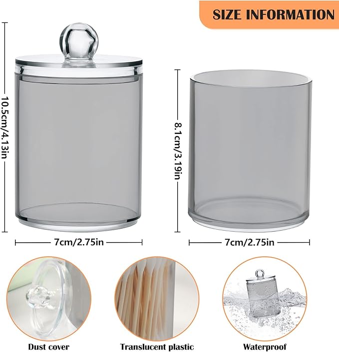 Grey Qtip Holder Organizer Dispenser Cotton Swabs Cans Plastic Jars with Lid Set 2 Pack Bathroom Storage Canister for Cotton Ball Floss Cotton Pads