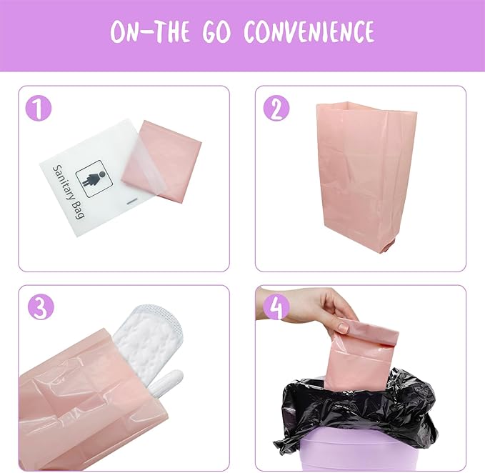 Sanitary Napkin Disposal Bags, Individually Wrapped, 100 Pack Feminine Hygiene Disposal Bags for Pads, Tampons, Privacy Protection, Pink