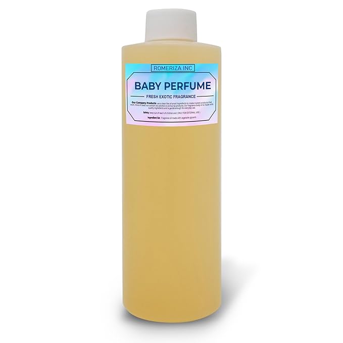 ROMERIZA INC.Baby Essential Fragrance Body Oil – Luxury Unisex Baby Oil Perfume with Long Lasting Baby Powder Scent – Soft Baby Smell, Uncut Perfume Oil, Scented Body Oil for Women & Men – 10 Fl Oz