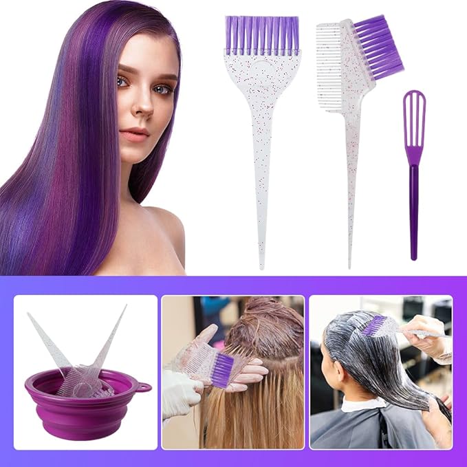 Hair Dye Color Brush and Bowl Set, Color Bowl Brushes Tool Mixing Bowl Kit Tint Comb for Hair Tint Dying Coloring Applicator (Purple&Clear)