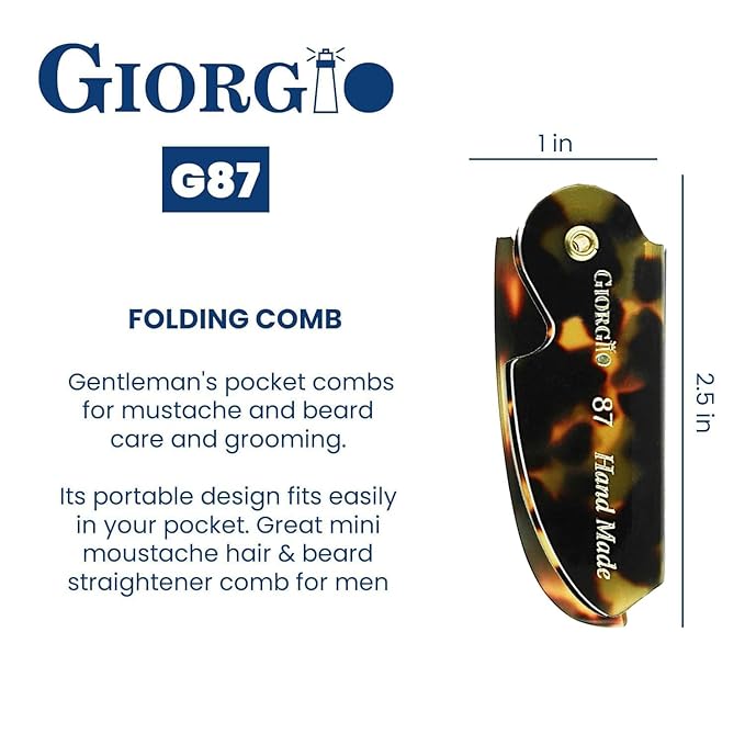 Giorgio G87 Gentleman's Tokyo Folding Pocket Comb, Flexible Men's Hair, Beard and Mustache Pocket Comb. Hand-Made of quality Durable Cellulose Acetate + GBRD1 6 Inch Beard and Mustache Brush
