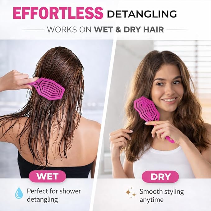 Fiora Naturals Hair Detangling Brush for Women - Detangler Hair Brush w/Flexible Soft Bristles- Gently Glides Through Tangles - Curly, Fine, Dry and Shower Wet HairBrush, cepillo para cabello - Pink