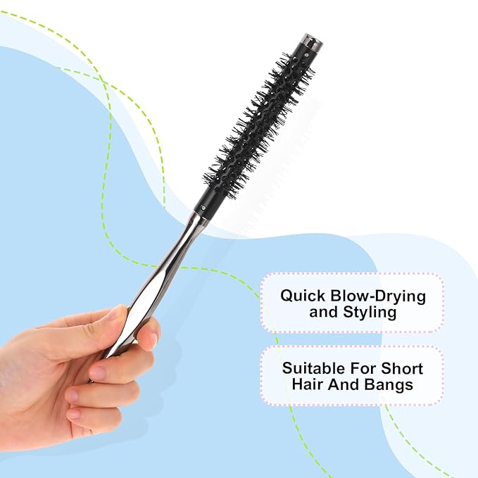 Small Round Curling Brush, Mini Quiff Roller for Blow Drying & Short/Thin Hair - Portable, Smooth Handle & Nylon Bristles