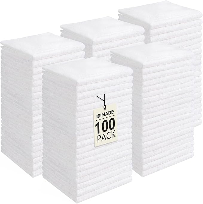 Washcloths Bulk - 100 Pack - Face Towels (12" x 12"), Highly Soft Wash Cloths and Hand Towels, Fast Drying Multi-Purpose Microfiber Cleansing Cloths for Bathroom, Hotel, Spa, and Salon - White