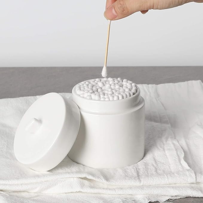 LEETOYI Ceramic Cotton Swabs Holder Organizer with Lid,Storage Canisters for Swabs,Cotton Balls,Makeup Sponges, Hair Ties,Bath Salts, and Easy To Clean (White)