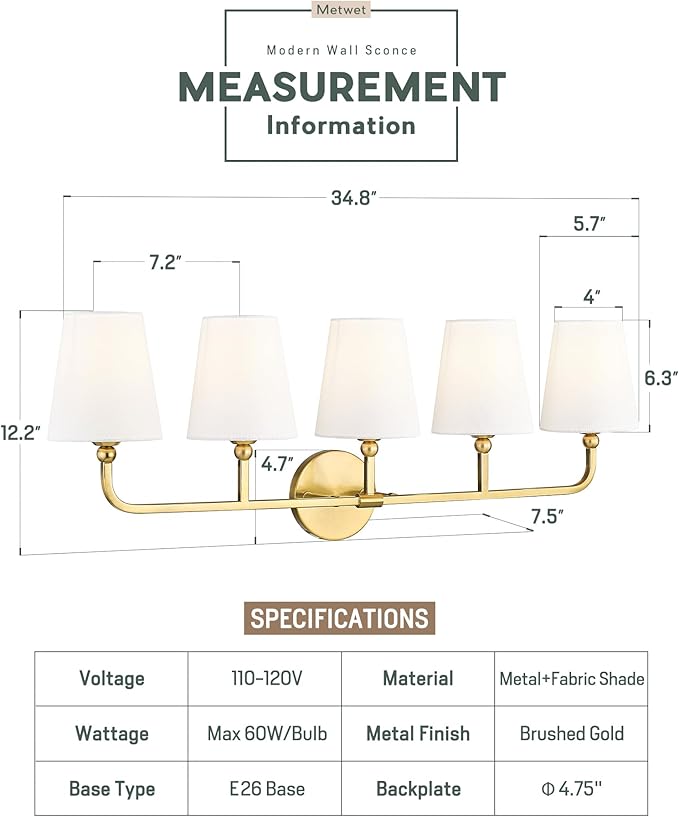 Bathroom Light Fixtures, 5 Light Brushed Gold Vanity Lights with Flared White Fabric Shade, 35 Inch Wall Sconce, Modern Sconces Wall Lighting for Hallway Bedroom, VL837-BG-5