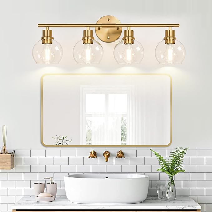 4-Light Bathroom Light Fixtures,Gold Modern Vanity Lights Over Mirror with Clear Glass Globe Shade, Bathroom Wall Sconces for Mirror Kitchen Living Room Hallway Cabinet Bedroom Porch