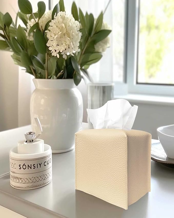 Tissue Box Cover Tissue Holder – Square Leather Tissue Box Holder with Bottom Belt [JESMINI, Beige] Modern PU Leather Tissues Cube Box Cover for Bathroom Countertop/Night Stands/Office