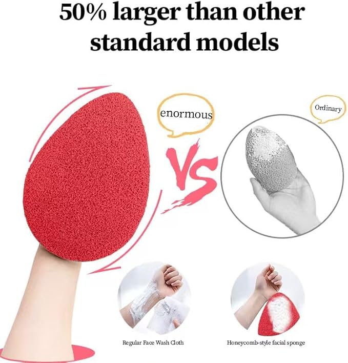 Large Face Sponges for Cleansing with Storage Clips Red Cleansing Puff,5.9 in x 4.3 in,Reusable Hydrophilic Polyurethane Facial Sponges for Face Wash, Reusable Makeup Remover Exfoliating Pads