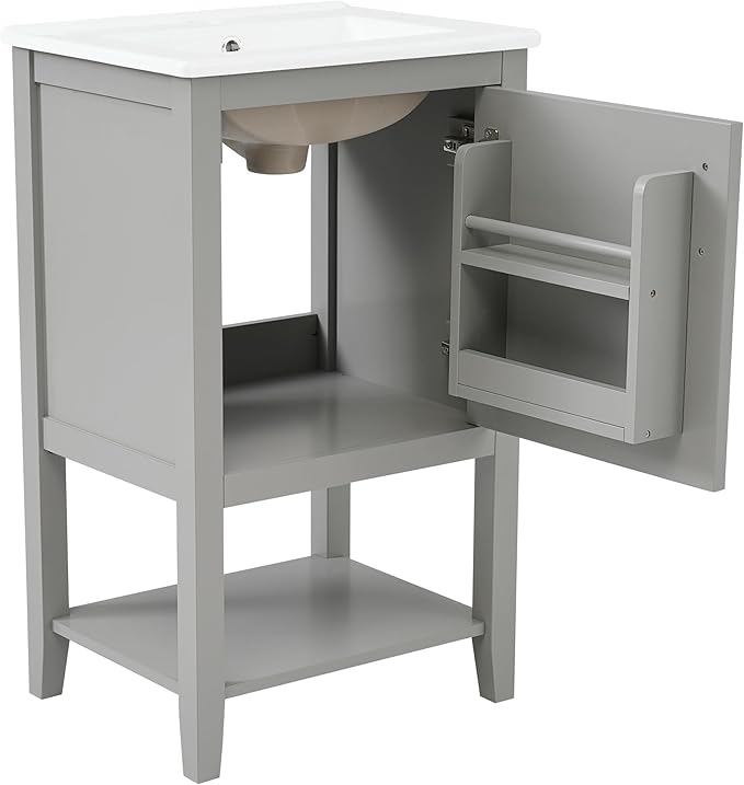 Bellemave 20" Small Bathroom Vanity with Sink, Modern Bathroom Storage Cabinet with Door and Storage Rack, Free Standing Single Basin Vanity with Open Shelf, Undermount Ceramic Sink, Grey