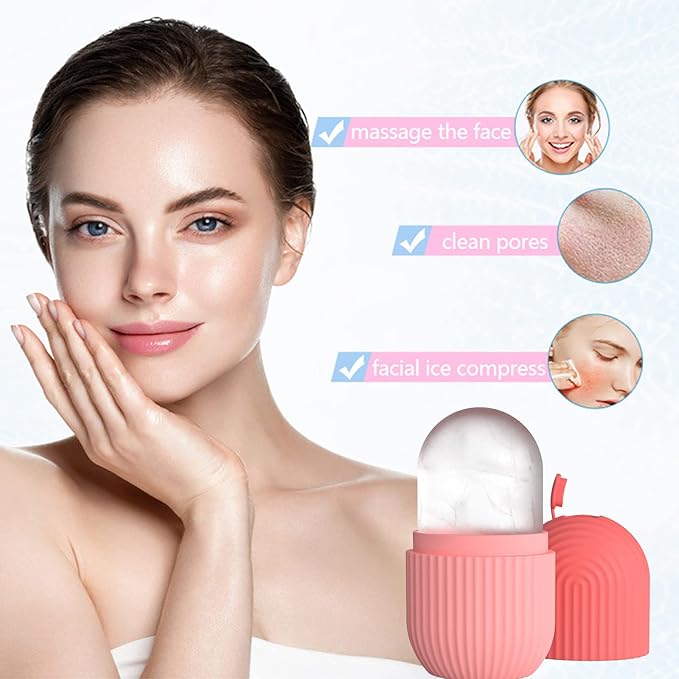 Ice Face Roller, Reusable Silicone Mold Face Massage Eye Facial Beauty Skin Care Tools Apply Ice for Shrink Pores Anti Wrinkle Reduce Puffiness Improve Skin Elasticity, Striped, Pink