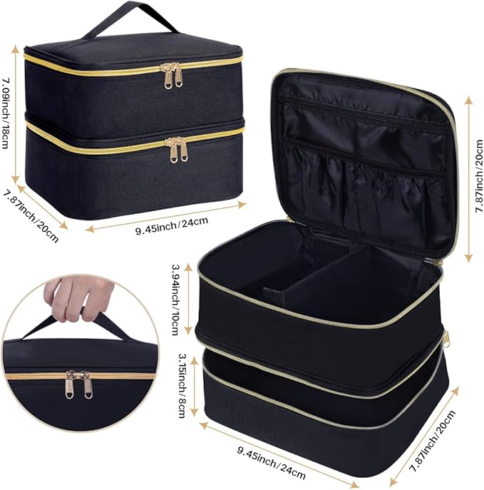 Double Layer Makeup Bag Portable Large Cosmetic Case Organizer with Adjustable Dividers Storage Travel Bag for Accessories Brushes Conditioner and Skin Care Products (Black)