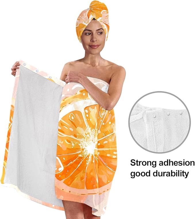 Orange Citrus Bath Wrap and Hair Towel for Women, Quick-Dry Microfiber Towel Skirt with Elastic Band & Matching Hair Turban, Soft Absorbent Spa Shower Wrap for Home Travel Gym (Citrus 3)