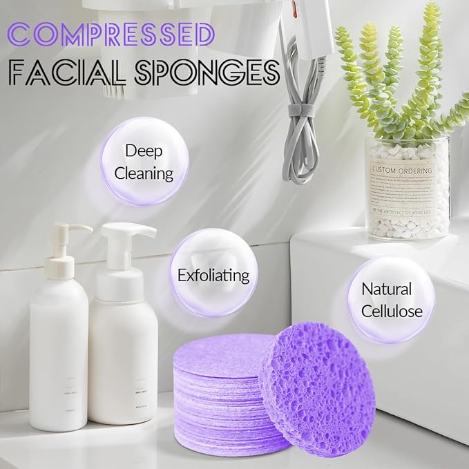100-Count Facial Sponges Compressed Natural Cellulose Sponge Round Shape Face Sponge for Face Cleansing Exfoliating and Makeup Removal, Purple