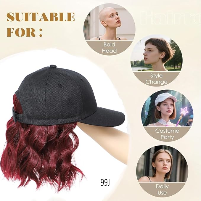 GUOJIAN Hat Wigs for Women 6' Short Wave Baseball Cap Wigs with Curly Hair Extensions Synthetic Wave Wig Adjustable Hat with Hair Attached for Daily Use (99J, 6inch)