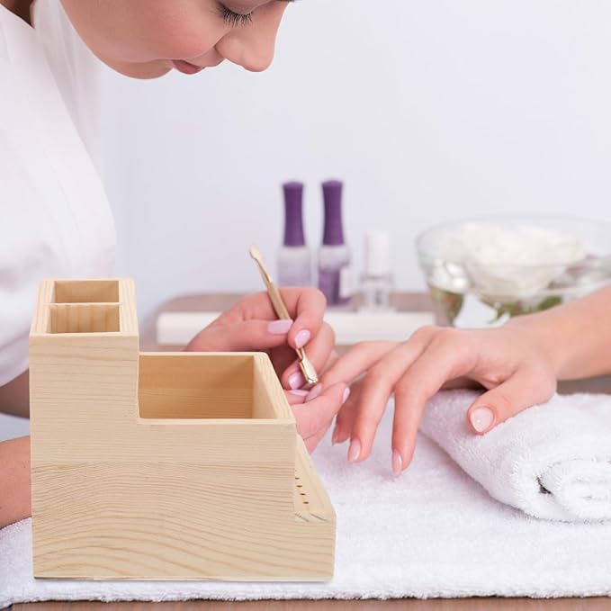Nail Polish Storage Organizer Box - Large Wooden Beauty Tool Storage Box with Compartments for Manicure Drill Bits and Accessories - Compact 4.53X4.72X3.94 Inch Case for Home and Salon