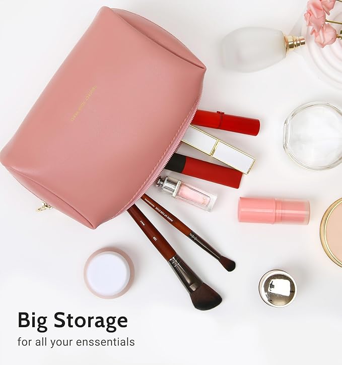 Aveniee Small Travel Makeup Bag, Vegan Leather Cosmetic Pouch for Purse,Wide-open Toiletry Organizer with Dividers & Zipper, Beauty Storage for Women-Dusty Rose