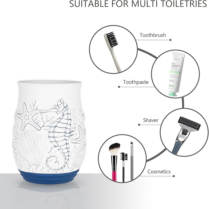 Beach Theme Bathroom Accessory Sets 4PCs Bathroom Set Complete Embossed Seashell Starfish Design Includes Lotion Dispenser Toothbrush Holder Tumbler Cup & Soal Dish