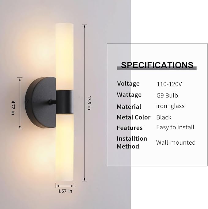 Wall Sconces Set of Two Matte Black Bathroom Wall Sconce Light Set of 2 Modern Wall Light Fixtures Metal Sconces Wall Lighting with White Glass Shade Wall Mounted Lamp for Living Room