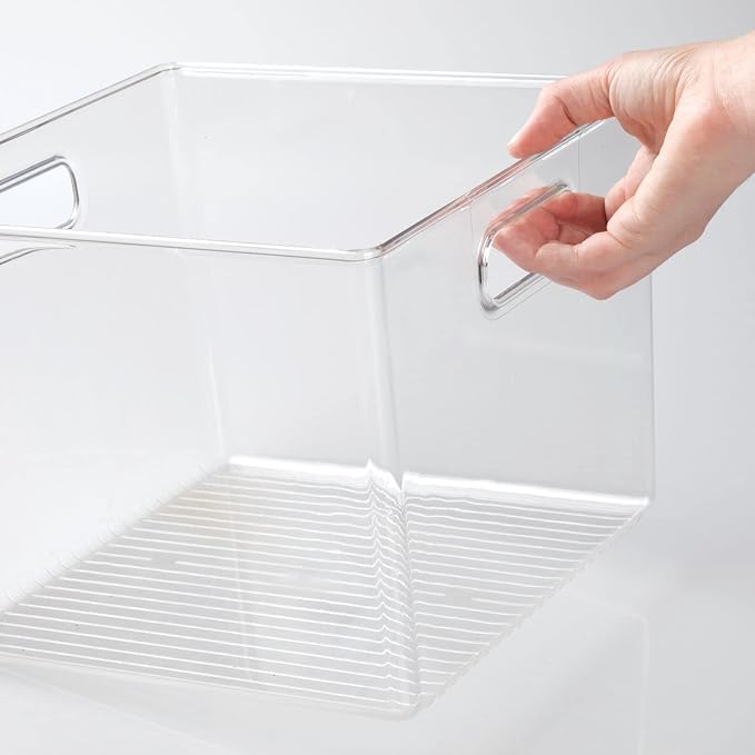 mDesign Plastic Modern Storage Organizer Bin Basket with Handles for Bathroom Organization - Shelf, Cubby, Cabinet, Vanity, and Closet Organizing Decor - Ligne Collection - Clear