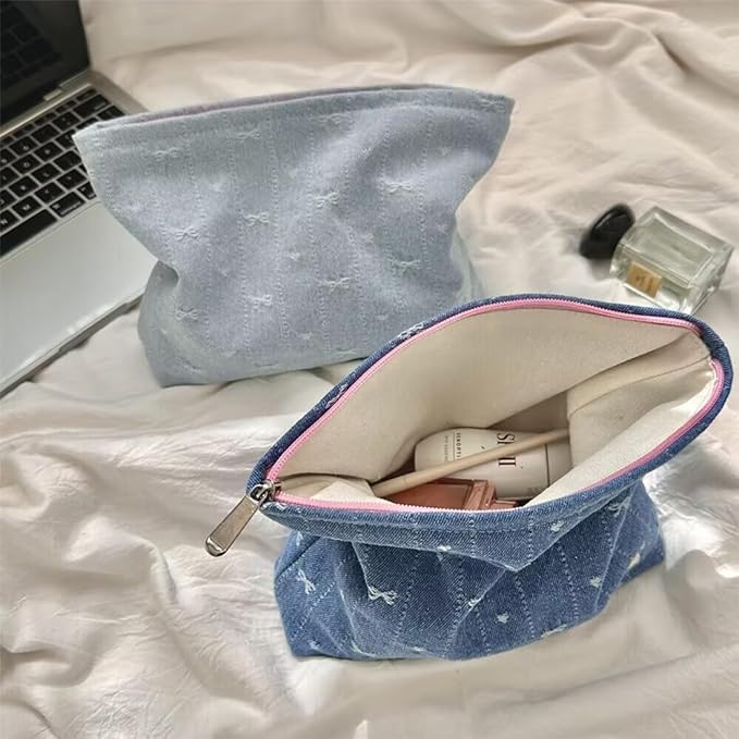 SxoSyo Makeup Bag for Women Cosmetic Bags Large Purse Travel Toiletry Zipper Storage Pouch Make up Brushes Organizer for Gifts (bowknot, denim blue)