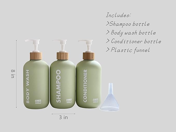OLLIES Shampoo and Conditioner Dispenser, Shower Soap Dispenser for Bathroom-Set of 3 with Permanent Stylish Label-17oz, 500ml Refillable Shampoo and Conditioner Bottles Green