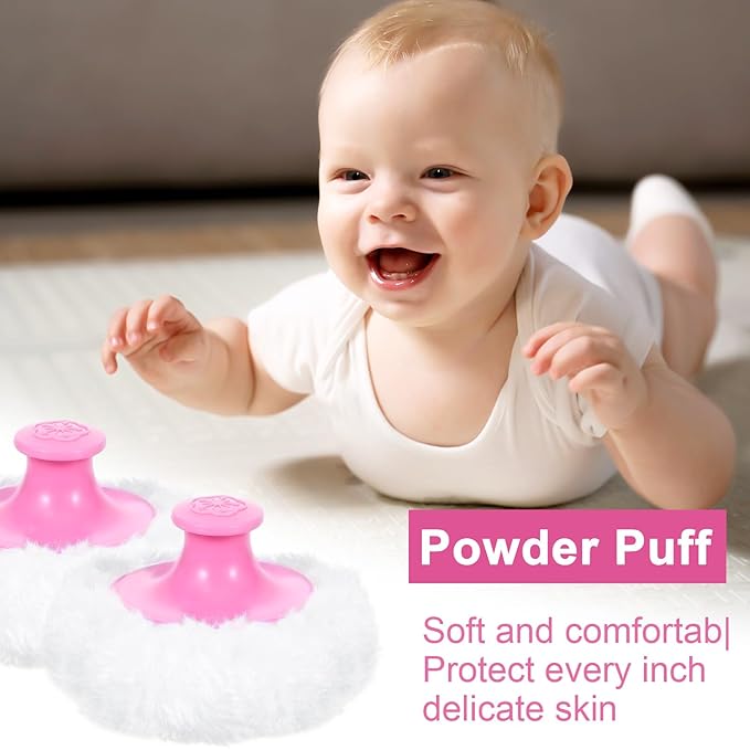 2 Pcs Large Fluffy Powder Puff Body Cosmetic Face Loose Powder Applicator Handle Foundation Puff Pad Washable Beauty Application Tool for Women Sensitive Skin (Pink+Blue)