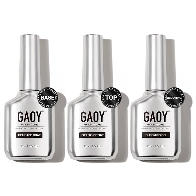 GAOY Gel Top Coat, Blooming Gel and Base Coat Set, 3 Pcs 16ml Clear Glossy No Wipe Combination for UV Light Cure