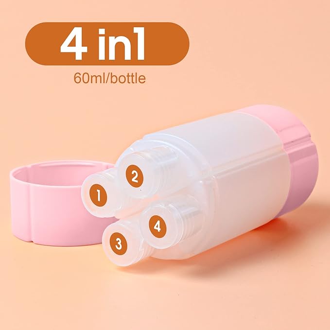 Olatay 4-in-1 Leak-Proof Bottle, 4 * 60ml/2oz, with 2 Pre-printed Labels for Travel Gym Camping, Carry-On Travel Size Toiletries Shampoo Lotion Bottle