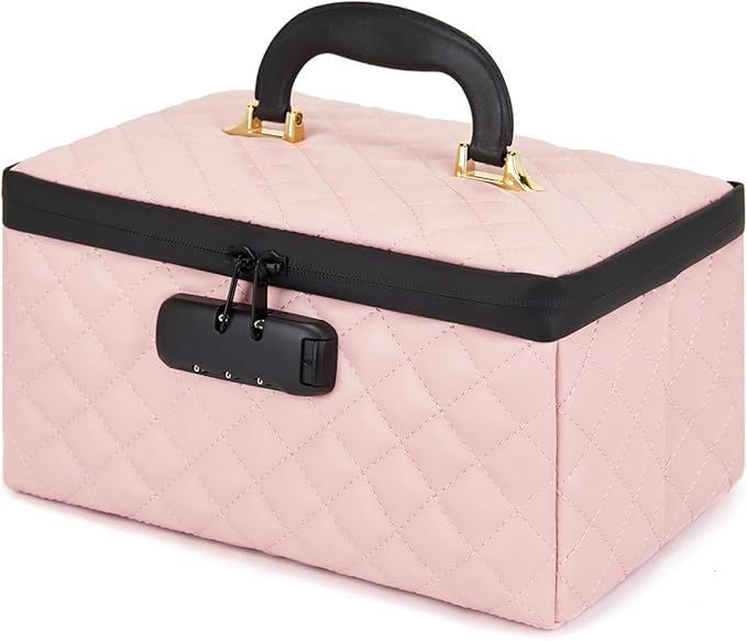 Portable makeup box with Lock, Large Capacity Travel Makeup Case Organizer, Makeup Bags for Girls Traveling With Handle and Divider Makeup Bag (Pink)