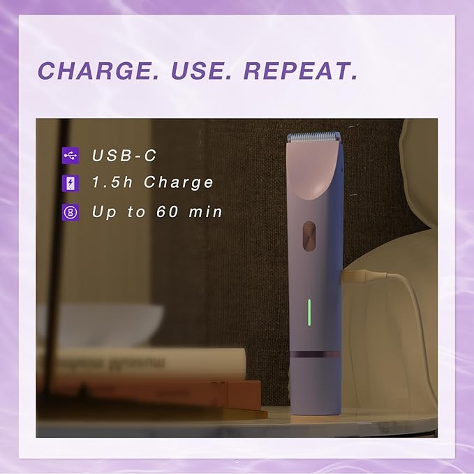 Bikini Trimmer for Women, Dual-Head Electric Body Hair Trimmer for Sensitive Areas, IP67 Waterproof Rinsable, USB-C Rechargeable Groomer for Bikini Line, Underarms, Legs & Face (Lilac Mist)