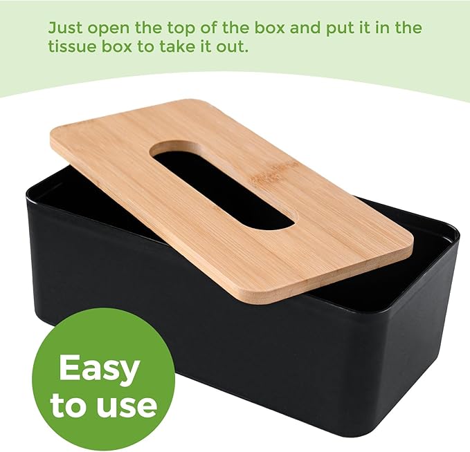Tissue Box Cover, Rectangle Tissue Box Holder with Bamboo Cover Plate for Bathroom Bedroom, Decorative Tissue Box Covers for Home Decor Office, Black