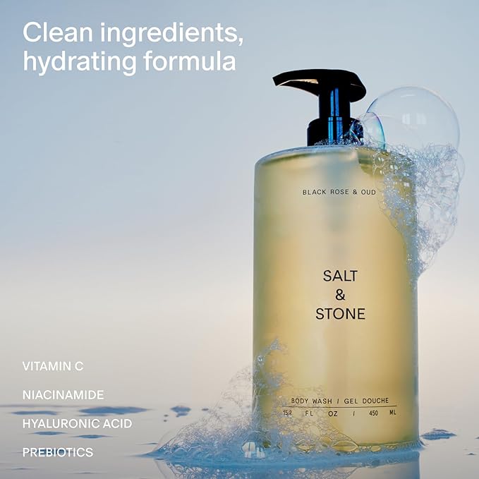 Salt & Stone Body Wash with Antioxidants for Deep Moisture | For Women & Men, Sulfate, Paraben, & Dye Free, Leaving Skin Soft and Hydrated | Black Rose & Oud 15.2 fl oz