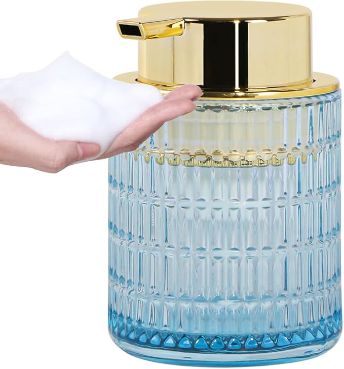 Foaming Soap Dispenser, Blue Glass Foam Soap Dispenser for Bathroom and Kitchen, 10 Oz Refillable Foaming Pump Bottle with Large Pump, Ribbed Bottle Container Decor