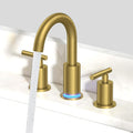 FORIOUS LED Bathroom Faucet Gold, 3 Hole Bathroom Faucet Brushed Gold Widespread with 3 Color Changing Light, Metal Pop Up Drain, CUPC Supply Hose and 360° Swivel Spout, 3 Pieces Wide LED Tap