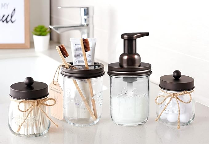 SheeChung Mason Jar Foaming Soap Dispenser, Glass Foaming Hand Soap Dispensers, Stainless Steel Lid, Refillable Foam Soap Dispenser for Bathroom Kitchen, Farmhouse Bathroom Decor (2 Pack, Bronze)