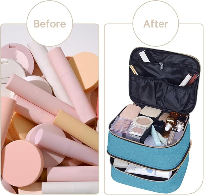 Double Layer Makeup Bag Portable Large Cosmetic Case Organizer with Adjustable Dividers Storage Travel Bag for Accessories Brushes Conditioner and Skin Care Products (Green)