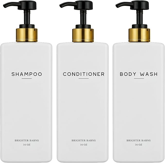 White Shampoo and Conditioner Dispenser Set by Brighter Barns - Refillable Shampoo and Conditioner Bottles - Reusable Shower Soap Dispenser in Hotel, Gold Bathroom, Guest House, Modern Airbnb (White)