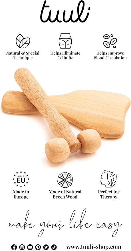 tuuli Body and Face Roller, Multi-Functional Wooden Massage Roller, Helps Ease Muscle Tension and Support Skin Health, Natural Face Massage Tools, Set of 2 (2 Piece Set C)