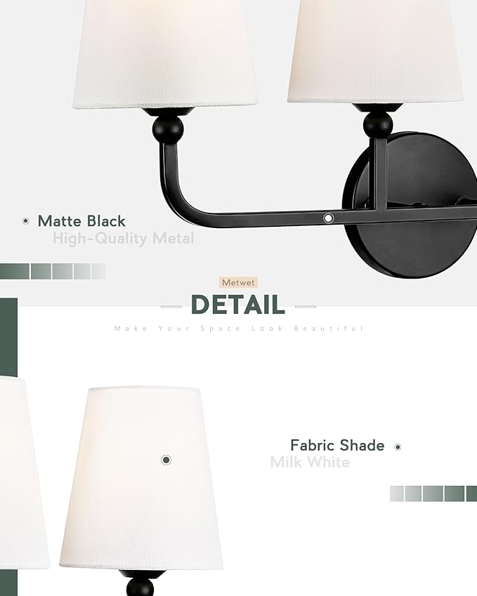Bathroom Light Fixtures, Matte Black Vanity Lights with Flared White Fabric Shade, 3 Light Wall Sconce, Modern Sconces Wall Lighting for Hallway Bedroom, VL837-MB-3
