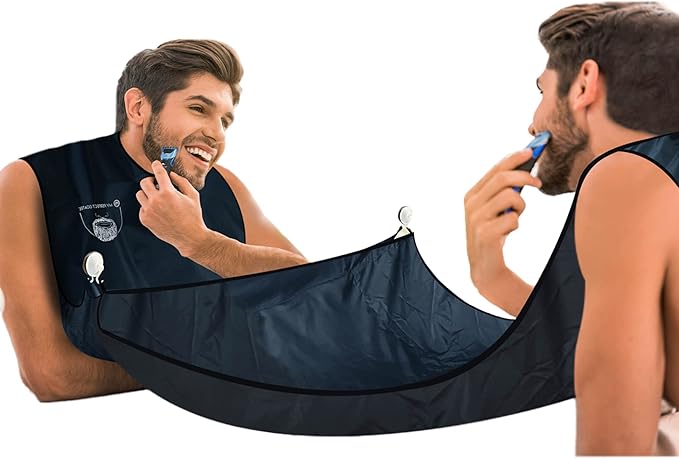 My Perfect Goatee Beard Bib Apron for Men - Hair Clippings Catcher for Shaving - Attaches to Mirror with Suction Cups - Waterproof Cape with Storage Pouch - Adjustable Neck Strap