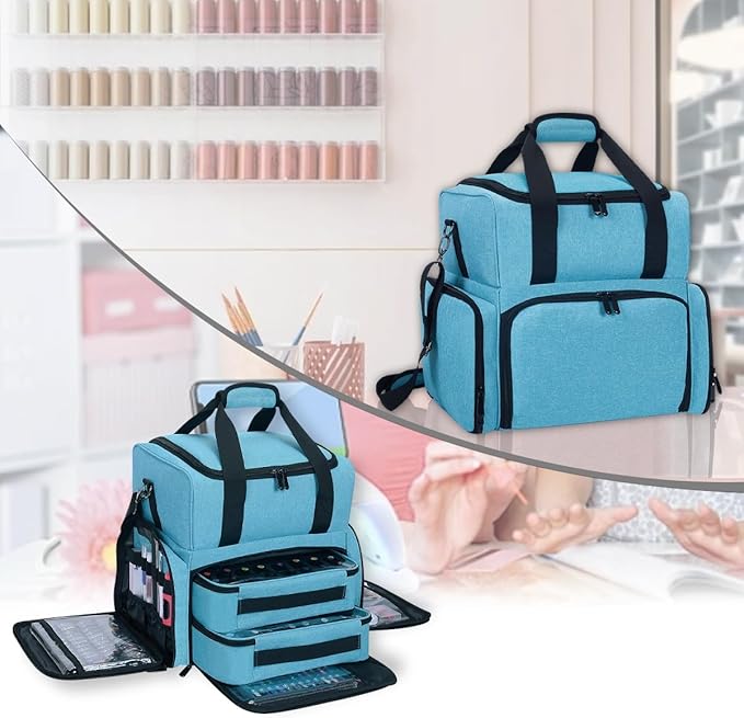 Nail Polish Organizer Case Holds 80 Bottles (15ml - 0.5 fl.oz) and a Nail Lamp,Nail Polish Case with 2 Removable Bags and Tools Storage Sections Lake Green
