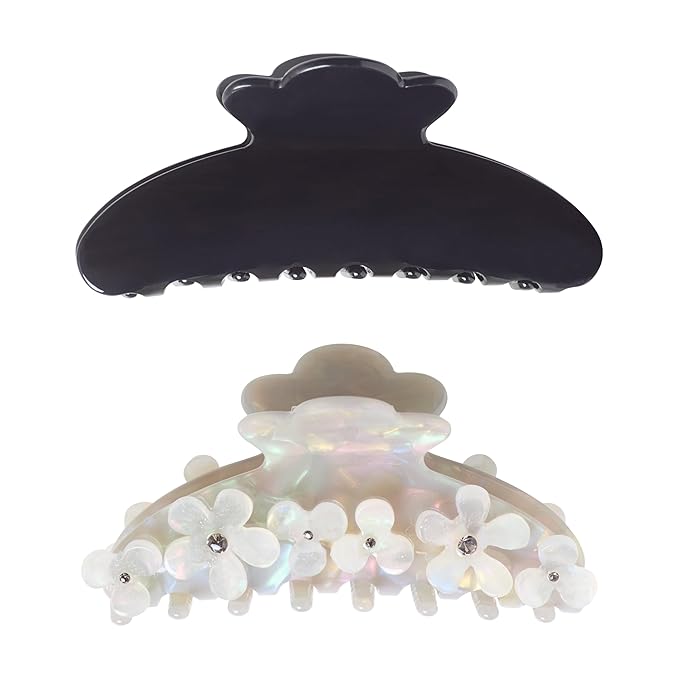 Goody SlideProof Large Claw Clips, Stylish, Secure Grip Hair Clips, Styling Accessories for All Occasions and All Hair Types, Gifts for Women & Girls, Gray Flowers and Black, 2 Ct