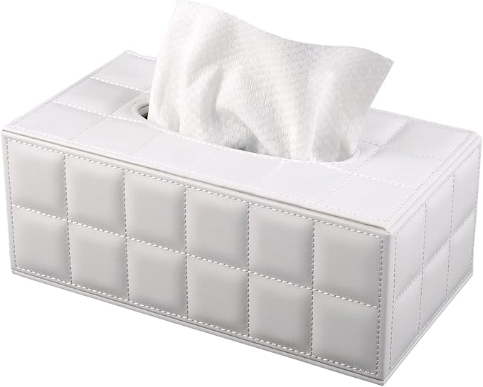 High-end Fashion Pu Leather Tissue Box Holder Cover Rectangular,Napkin Facial Tissues Cube Dispenser,Tissue Cover Decorative Container with Magnetic Bottom for Home Office Car (White)