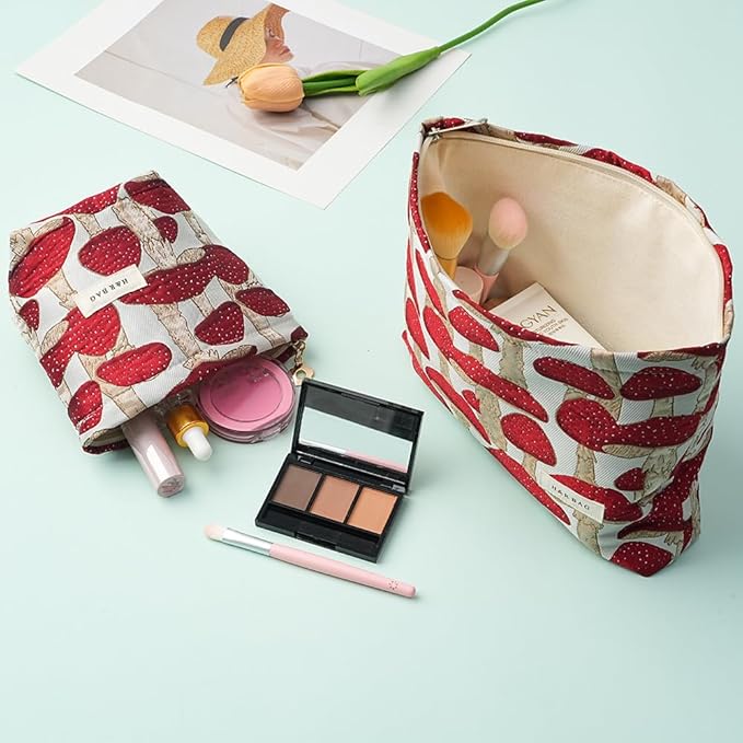 2 Pcs Makeup Bags for Purse, Large Cute Cosmetic Bag Travel Toiletry Bag Organizer for Women, Embroidery Craft Mushroom Makeup Bag Small Cosmetic Pouch Purse with Zipper (Red Mushroom)