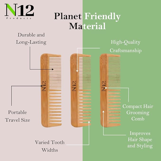 N12 Set of 3 Handmade Natural Bamboo Wooden Comb with Fine Wide Tooth, 17.5 cm - Eco-Friendly Anti-Frizz Detangler for Straight, Wavy, Curly Hair of Women, Men, Wood Birth Comb for Labour Pain