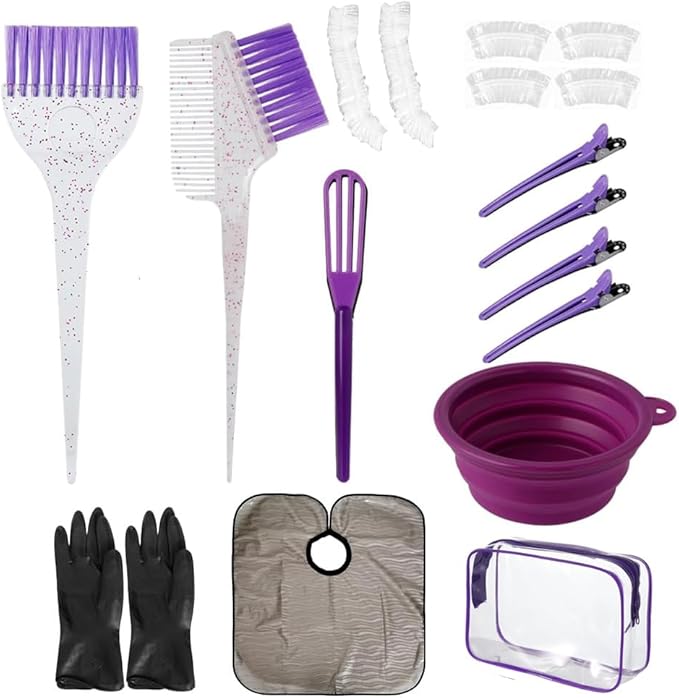 Hair Dye Color Brush and Bowl Set, Color Bowl Brushes Tool Mixing Bowl Kit Tint Comb for Hair Tint Dying Coloring Applicator (Gray&Purple)