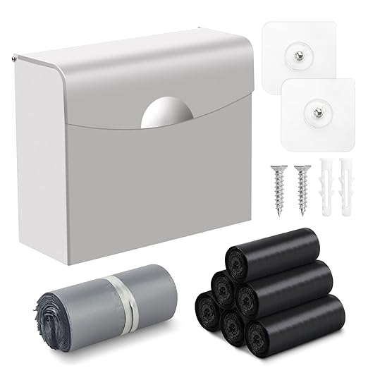 Sanitary Napkin Receptacle with Hygiene Disposal Bags and Trash Bag, 9.4x7.8x3.5 inches Stainless Steel Wall Mounted Feminine Hygiene Bin for Bathroom, Office (Silver)
