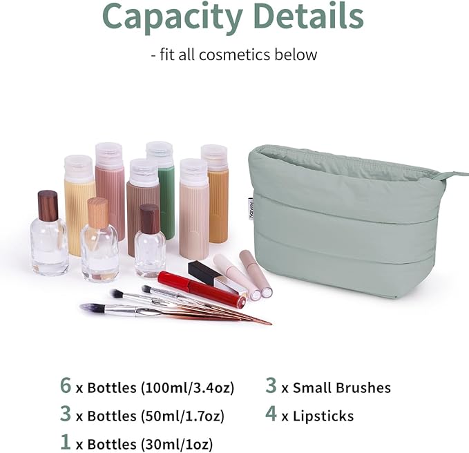 Narwey Travel Makeup Bag for Women Girl, Puffer Makeup Up Organizer Bag Cosmetic Bag, Puffy Cute Makeup Pouch Purse, Travel Toiletry Bag (Sage Green)